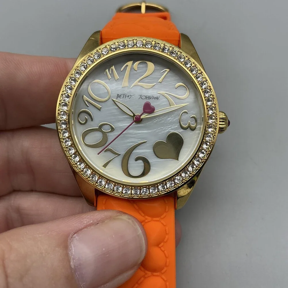 Betsey Johnson Womens Watch 40mm MOP Orange Gold Tone Crystal New Battery